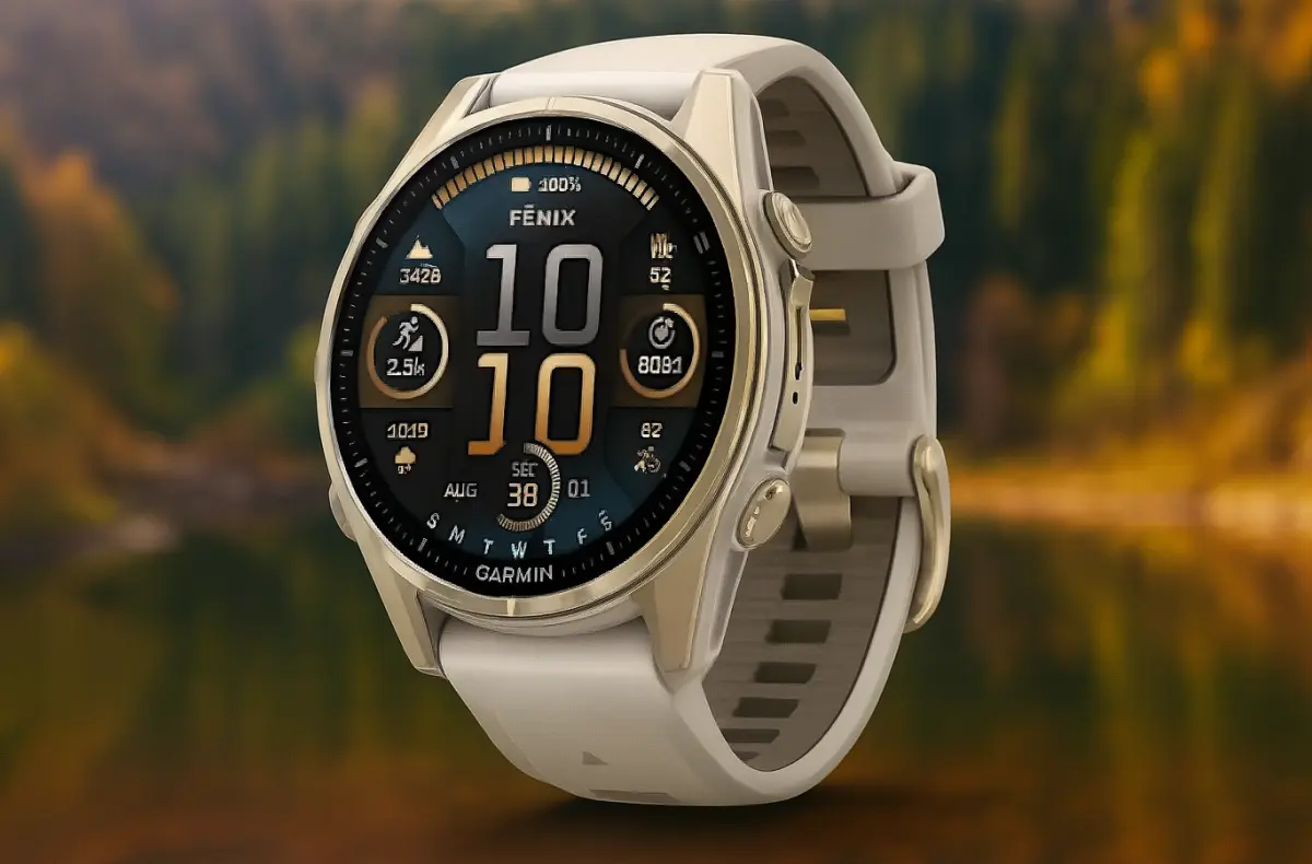 garmin fenix 8 bezova na pozadi s jezerem