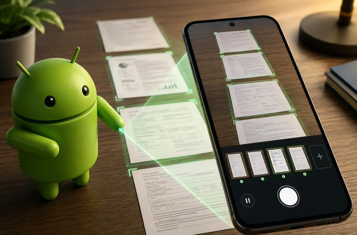 skenovani dokumentu telefonem ai ilustrace s maskotem androidu