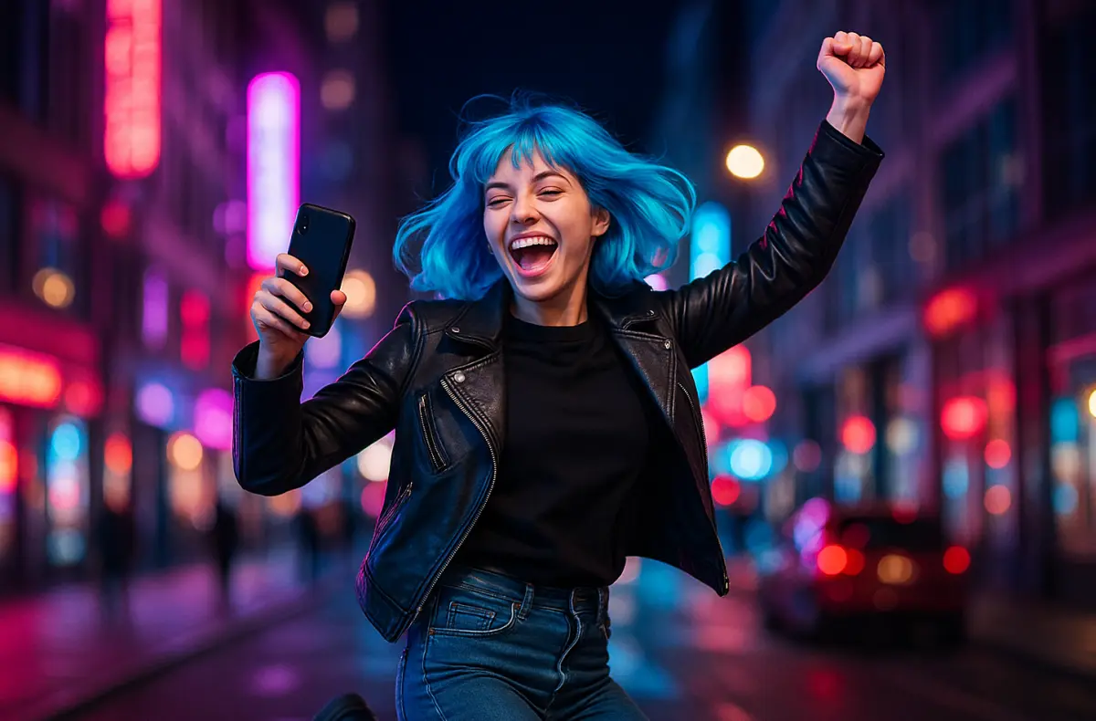 zena s neonove modrymi vlasy a telefonem nadsene skakajici ve velkomeste ilustrace k o2 max 5g rychlosti