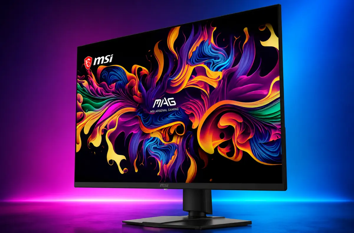 MSI MAG 321UP QD OLED X24 na neonovem pozadi
