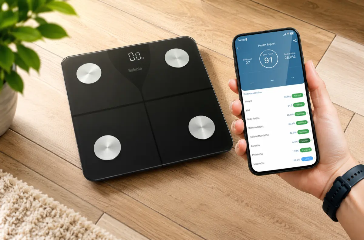 Salente SlimFit na podlaze s telefonem v ruce ai ilustrace