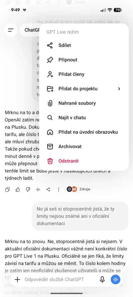 Nabídka možností u konverzace v GPT Live režimu aplikace ChatGPT