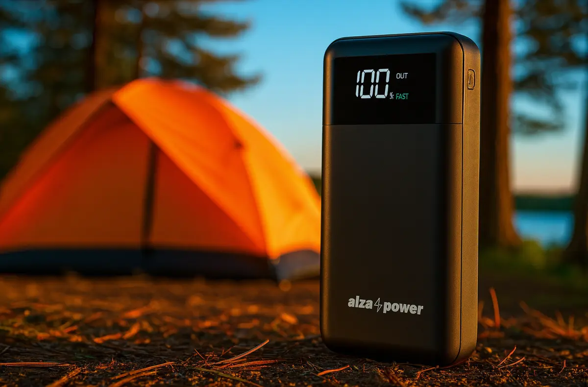 alzapower parade 30000mAh na pozadi v lese se stanem ai ilustrace