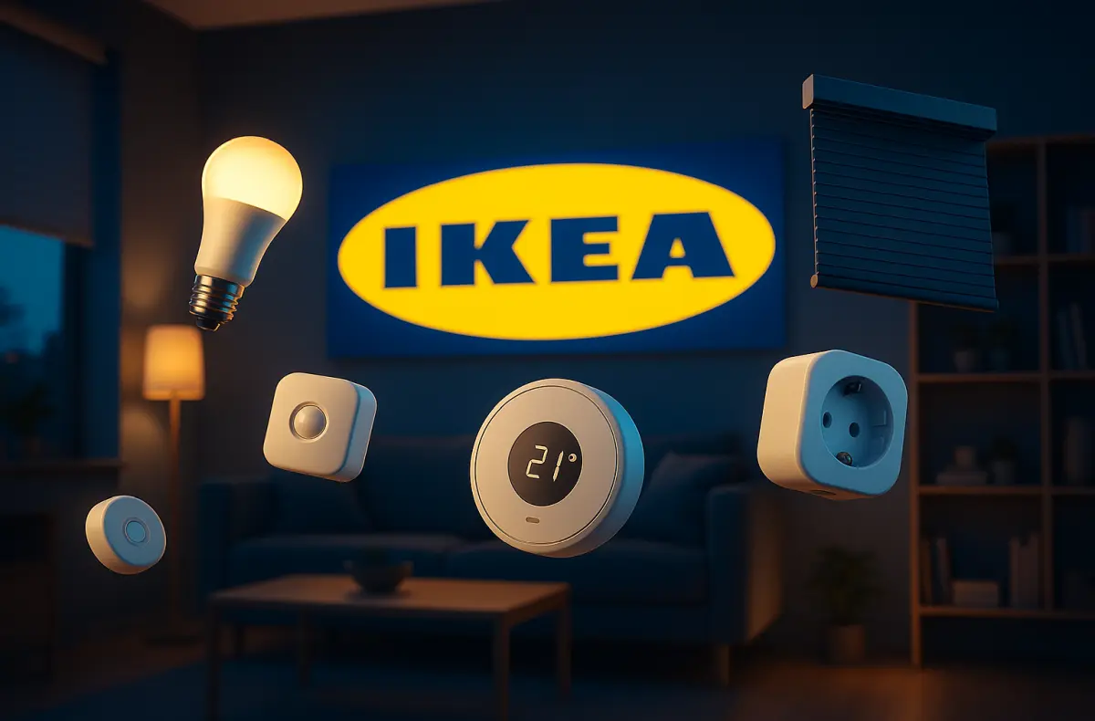 logo ikea v tmave mistnosti s poletujicimi smart home produkty