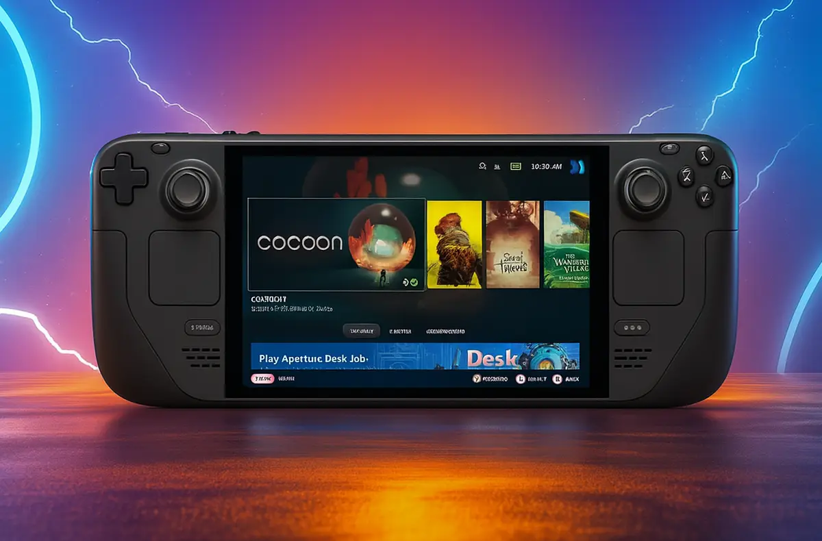 steam deck oled na barevnem pozadi s blesky