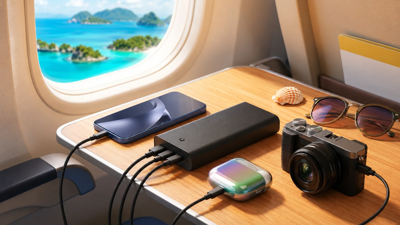Xiaomi Power Bank 20000 22,5 W – kompaktní černá powerbanka nabíjí telefon, sluchátka a fotoaparát na palubním stolku v letadle