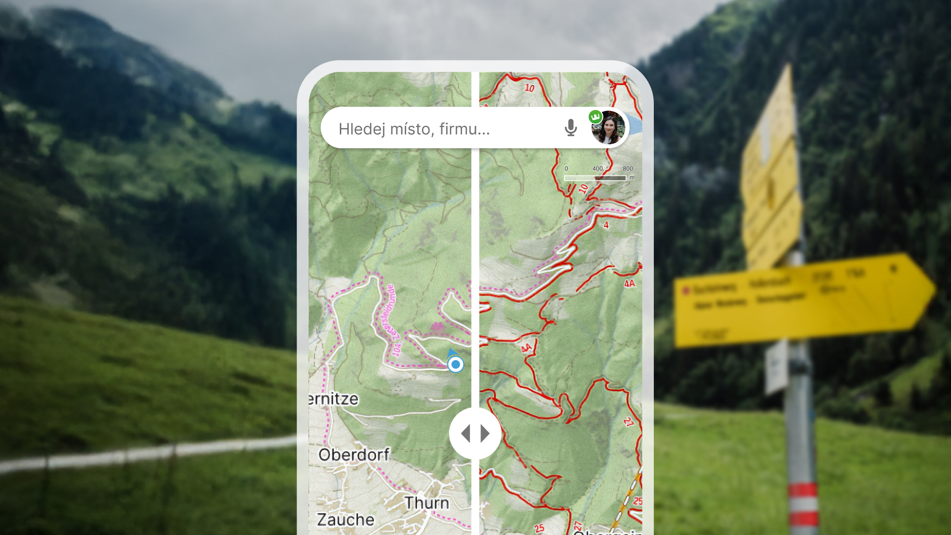 Rozcestník turistických tras na mapě v aplikaci Mapy.com