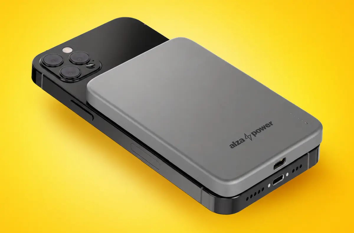 AlzaPower Qi2 Ultra Slim SSB render na zlutem pozadi ai ilustrace