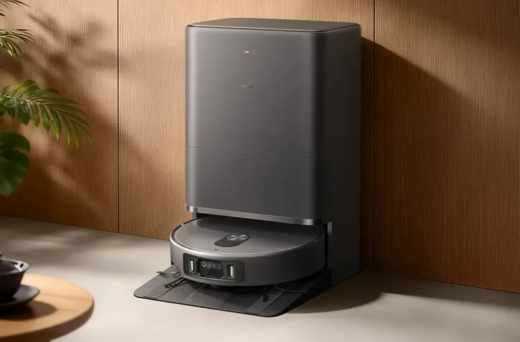 Xiaomi Robot Vacuum 6 Max v dokovací stanici u zdi