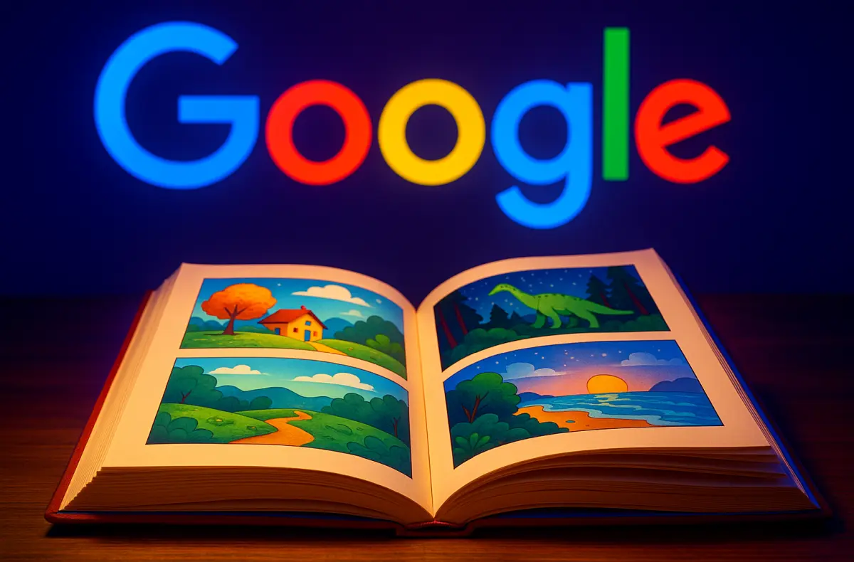 kniha s obrazky a logem google v pozadi