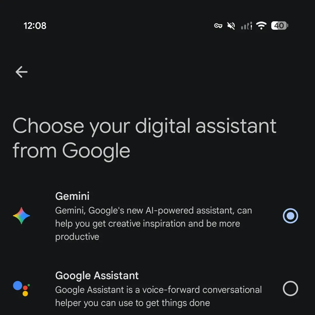 Nastavení Androidu s volbou digitálního asistenta Gemini nebo Google Assistant