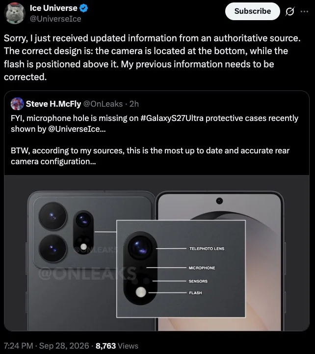 Screenshot Twitter s aktualizovanými informacemi o designu kamery Galaxy S27 Ultra