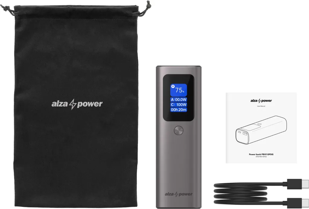 AlzaPower Vision 10000mAh Power Delivery 100W stribrna obsah baleni