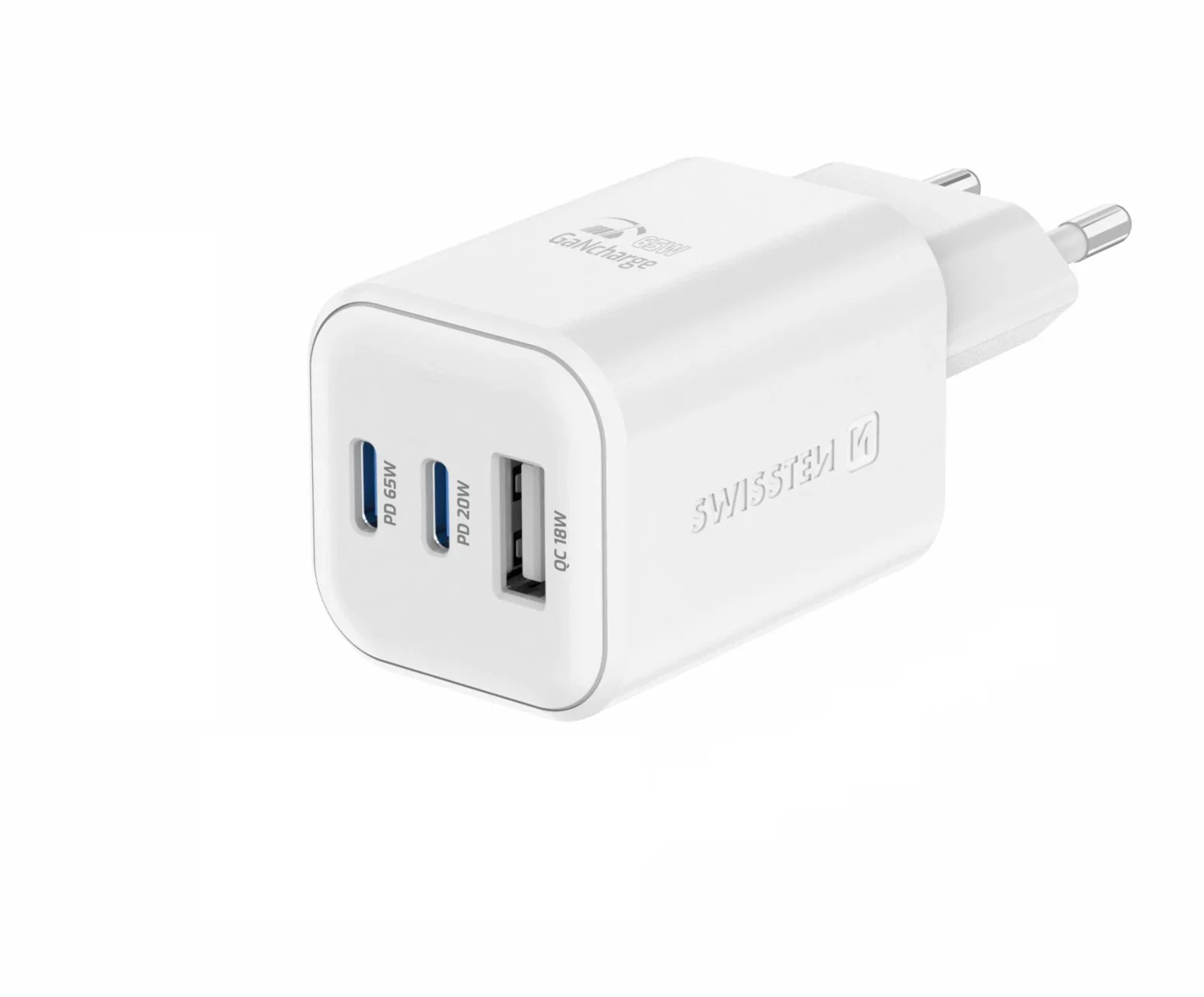 Swissten síťový adaptér GaN 2x USB-C 65W PD + 1x USB-A 18W QC bílý