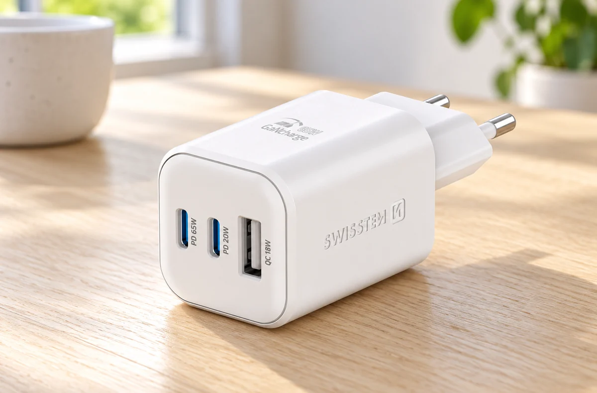 Swissten síťový adaptér GaN 2x USB-C 65W PD + 1x USB-A 18W QC bílý