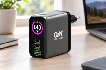 PORT CONNECT GaN2 síťová nabíječka pro 2×USB-C PD 3.1 a USB-A QC 3.0, 140W, OLED displej, černá