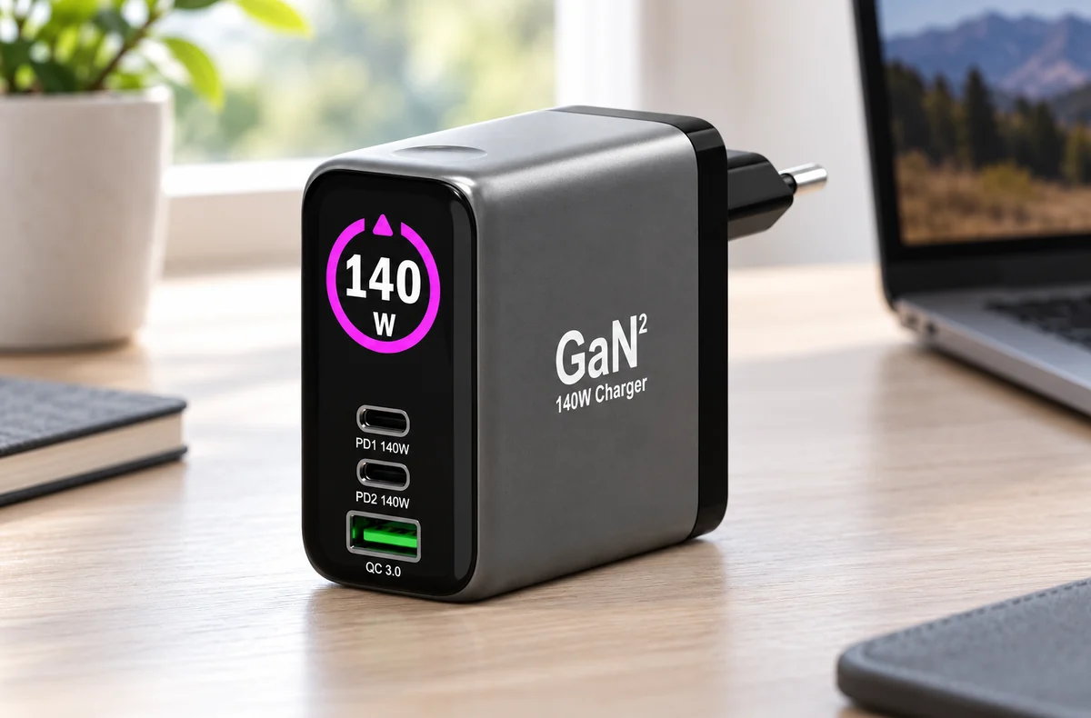 PORT CONNECT GaN2 síťová nabíječka pro 2×USB-C PD 3.1 a USB-A QC 3.0, 140W, OLED displej, černá