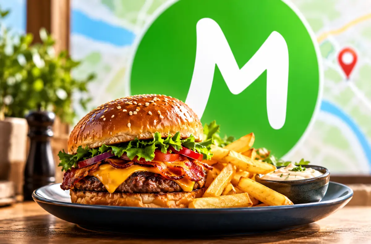 burger pred logem mapy google ai ilustrace