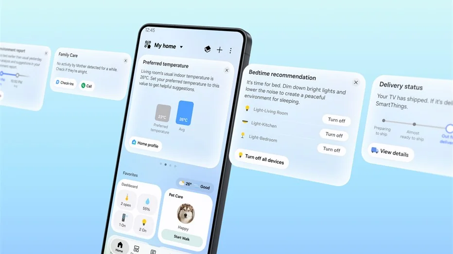 Samsung SmartThings Now UI render srovnání funkcí
