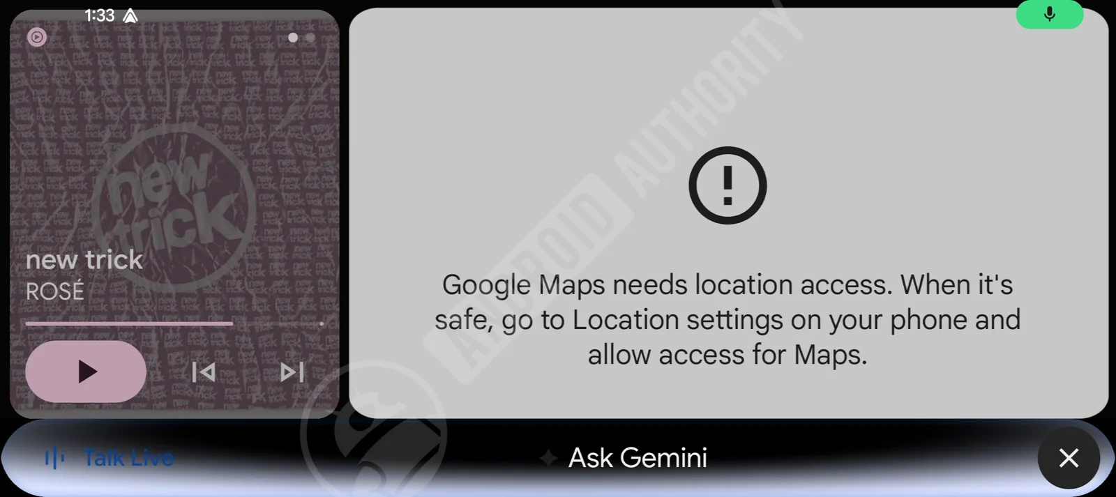 Gemini Android Auto UI s novým animovaným upozorněním.