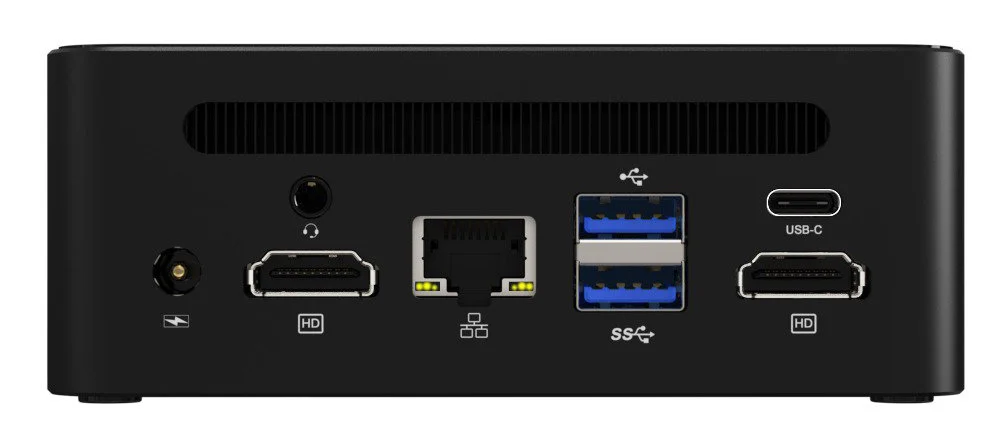 Zadní porty mini PC Qoobe II: napájení, 2× HDMI, audio jack, RJ45, 2× USB-A a USB-C