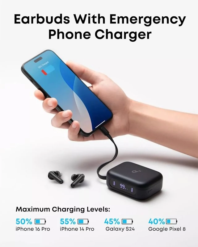 Černé pouzdro sluchátek Soundcore P41i dobíjí telefon vestavěným kabelem USB-C
