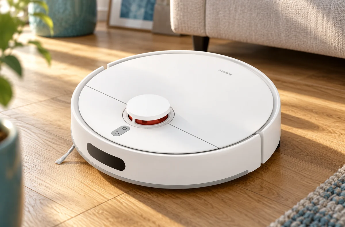 Bílý Xiaomi Robot Vacuum S40C na dřevěné podlaze