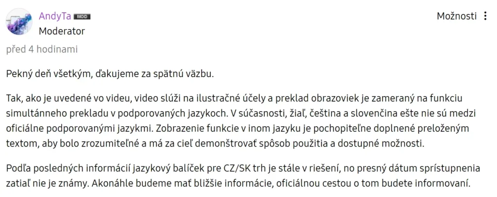 Reakce moderátorky fóra Samsung